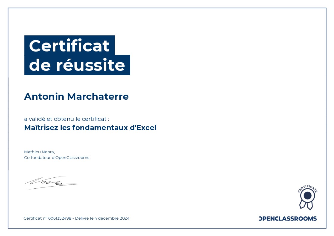 certification openclassroom excel